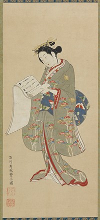 Young woman reading a letter, Ishikawa Toyonobu