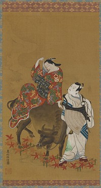Two kabuki actors in the roles of a courtesan on a water buffalo and a traveling priest, Okumura Masanobu