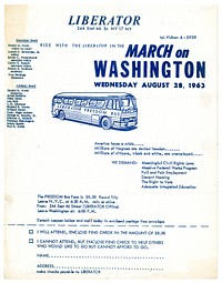 "Liberator" broadside advertising a bus trip to the 1963 March on Washington, Liberator Magazine