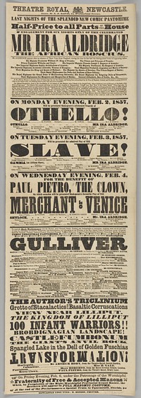 Playbill for Ira Aldridge in Othello and The Slave at the Theatre Royal, National Museum of African American History and Culture