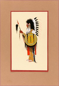 Cheyenne Warrior in Feather Headdress with Shield, Monroe Tsatoke