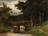 Untitled (landscape with cows in stream near trees), Edward Mitchell Bannister