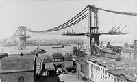 Manhattan Bridge, made March 23rd, 1909. Marine terminal at Main and Plymouth Streets in foreground; bridge under construction in background. Original image cropped slightly.