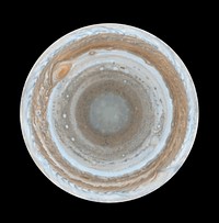 :This map of Jupiter is the most detailed global color map of the planet ever produced. The round map is a polar stereographic projection that shows the south pole in the center of the map and the equator at the edge. It was constructed from images taken by Cassini on Dec. 11 and 12, 2000, as the spacecraft neared Jupiter during a flyby on its way to Saturn. The map shows a variety of colorful cloud features, including parallel reddish-brown and white bands, the Great Red Spot, multi-lobed chaotic regions, white ovals and many small vortices. Many clouds appear in streaks and waves due to continual stretching and folding by Jupiter's winds and turbulence. The bluish-gray features along the north edge of the central bright band are equatorial "hot spots," meteorological systems such as the one entered by NASA's Galileo probe. Small bright spots within the orange band north of the equator are lightning-bearing thunderstorms. The polar region shown here is less clearly visible because Cassini viewed it at an angle and through thicker atmospheric haze.