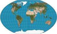 The world on Winkel tripel projection. 15° graticule. Imagery is a derivative of NASA’s Blue Marble summer month composite with oceans lightened to enhance legibility and contrast. Image created with the Geocart map projection software.