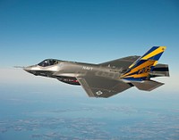 The U.S. Navy variant of the F-35 Joint Strike Fighter, the F-35C, conducts a test flight over the Chesapeake Bay. Lt. Cmdr. Eric "Magic" Buus flew the F-35C for two hours, checking instruments that will measure structural loads on the airframe during flight maneuvers.