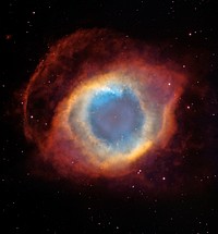 The Helix Nebula: a Gaseous Envelope Expelled By a Dying StarAbout the ObjectObject Name: Helix Nebula, NGC 7293 or "The Eye of God"Object Description: Planetary NebulaPosition (J2000): R.A. 22h 29m 48.20sDec. -20° 49' 26.0"Constellation: AquariusDistance: About 690 light-years (213 parsecs)Dimensions: The image is roughly 28.7 arcminutes (5.6 light-years or 1.7 parsecs) across.About the DataInstruments: ACS/WFC on Hubble Space Telescope (HST) and Mosaic II Camera on CTIO 4m telescopeExposure Time: 4.5 hours (HST) and 10 minutes (CTIO)Filters: F502N ([O III]) and F658N (Ha) (for the HST); c6009 (H alpha)and kc6014 ([O III]) for the CTIOImage propertiesCentered on white dwarfed and croppedDownsampled to 3200x3200Saved as jpg, quality 8/10, 5 scansStitching errors manually fixed