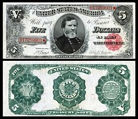 A Series 1891 $5 Treasury Note depicting George H. Thomas with the signatures of Judson Whitlocke Lyons and Ellis H. Roberts. Thomas was a Major General (1864–70) in the U.S. Army (1840–70) and fought in both the Mexican-American War, and American Civil War.