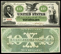 Demand Notes, Series 1861, were issued by the United States in $5, $10, and $20 denominations. The term "Greenback" originated with these note, the earliest issue of the U.S. Government.