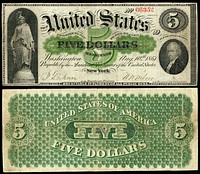 Demand Notes, Series 1861, were issued by the United States in $5, $10, and $20 denominations. The term "Greenback" originated with these note, the earliest issue of the U.S. Government.