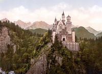 Photochrom print of the front of Neuschwanstein Castle, Bavaria, Germany, taken as few as ten years after the completion of the castle.