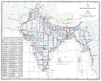 Index to the Great Trigonometrical Survey of India (1922). India is shown on a 1-degree grid of green lines. The blue triangles indicate the Great Trigonometrical w:triangulation measurements. Triangulation series are indicated by a number in parentheses. These series are described in the table at the bottom left. The red dash-dot lines are telegraph longitude area.Among the many accomplishments of the Survey were the demarcation of the British territories in India and the measurement of the height of the Himalayan giants: Everest, K2, and Kanchenjunga.