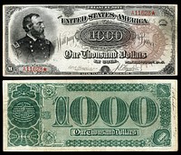 A Series 1890 $1,000 Treasury Note depicting George Meade with the signatures of William Starke Rosecrans and James N. Huston. Meade was a Major General (1862–69) in the U.S. Army (1835–69) and fought in the Mexican-American War and the American Civil War.