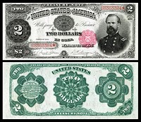 A Series 1891 $2 Treasury Note depicting James B. McPherson with the signatures of James Fount Tillman and Daniel N. Morgan. McPherson was a Major General (1862–64) in the U.S. Army (1853–64) and was killed in action during the American Civil War.