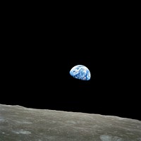 Taken by Apollo 8 crewmember Bill Anders on December 24, 1968, at mission time 075:49:07 [8] (16:40 UTC), while in orbit around the Moon, showing the Earth rising for the third time above the lunar horizon. The lunar horizon is approximately 780 kilometers from the spacecraft. Width of the photographed area at the lunar horizon is about 175 kilometers. [9] The land mass visible just above the terminator line is west Africa. Note that this phenomenon is only visible to an observer in motion relative to the lunar surface. Because of the Moon's synchronous rotation relative to the Earth (i.e., the same side of the Moon is always facing Earth), the Earth appears to be stationary (measured in anything less than a geological timescale) in the lunar "sky". In order to observe the effect of Earth rising or setting over the Moon's horizon, an observer must travel towards or away from the point on the lunar surface where the Earth is most directly overhead (centred in the sky). Otherwise, the Earth's apparent motion/visible change will be limited to: 1. Growing larger/smaller as the orbital distance between the two bodies changes. 2. Slight apparent movement of the Earth due to the eccenticity of the Moon's orbit, the effect being called libration. 3. Rotation of the Earth (the Moon's rotation is synchronous relative to the Earth, the Earth's rotation is not synchronous relative to the Moon). 4. Atmospheric & surface changes on Earth (i.e.: weather patterns, changing seasons, etc.). Two craters, visible on the image were named 8 Homeward and Anders' Earthrise in honor of Apollo 8 by IAU in 2018. [10]
