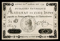 Early French banknote issue by Domaines Nationaux - Assignat for 5 livres, 1791 Third Issue (Pick ref# A50).