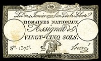 Early French banknote issue by Domaines Nationaux - Assignat for 25 Sols, 1792 First Issue (Pick ref# A55).