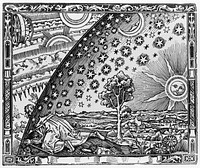 The Flammarion engraving is a wood engraving by an unknown artist that first appeared in Camille Flammarion's L'atmosphère: météorologie populaire (1888). The image depicts a man crawling under the edge of the sky, depicted as if it were a solid hemisphere, to look at the mysterious Empyrean beyond. The caption underneath the engraving (not shown here) translates to "A medieval missionary tells that he has found the point where heaven and Earth meet..."