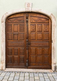 A sculpted wooden door, Murnau am Staffelsee, Bavaria, Germany.