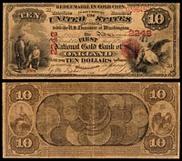 A $10 National Gold Bank Note — issued by the First National Gold Bank of Oakland, California (c. 1870s).Engraved signatures of Allison (Register of the Treasury) and Spinner (Treasurer of the United States).Hand signed by bank officers: Galen M. Fisher (Cashier) and Benjamin F. Ferris (President).