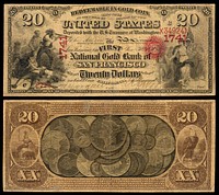 A $20 National Gold Bank Note issued by the First National Gold Bank of San Francisco, California. Engraved signatures of Allison (Register of the Treasury) and Spinner (Treasurer of the United States). Hand signed by bank officers Edwin D. Morgan (Cashier) and Ralph C. Woolworth (President).