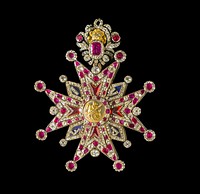 Cross of the grand-collar of the bavarian Order of Saint-George, gold, rubies and diamonds, Schatzkammer, Residenz, Munich, Bavaria, Germany.