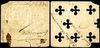 One guilder, playing card money, issued 1801 in Dutch Guiana. Prior to the formal introduction of paper currency, playing card money, denominated in Dutch Guilders, was used in Dutch Guiana (1761–1826).[1]