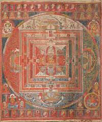 Manjuvajramandala with 43 deities, from Tibet. Tempera on cotton. Measures 71 by 85 centimetres (28 in × 33 in). Held at the Museo d'Arte Orientale.