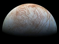 Uploader's notes: the original NASA TIFF image has been modified by increasing linear pixel dimensions by a factor of 1.6 (to bring out fine detail), sharpening and conversion to JPEG format.Original caption released with image:The puzzling, fascinating surface of Jupiter's icy moon Europa looms large in this newly-reprocessed color view, made from images taken by NASA's Galileo spacecraft in the late 1990s. This is the color view of Europa from Galileo that shows the largest portion of the moon's surface at the highest resolution.The view was previously released as a mosaic with lower resolution and strongly enhanced color (see PIA02590). To create this new version, the images were assembled into a realistic color view of the surface that approximates how Europa would appear to the human eye.The scene shows the stunning diversity of Europa's surface geology. Long, linear cracks and ridges crisscross the surface, interrupted by regions of disrupted terrain where the surface ice crust has been broken up and re-frozen into new patterns.Color variations across the surface are associated with differences in geologic feature type and location. For example, areas that appear blue or white contain relatively pure water ice, while reddish and brownish areas include non-ice components in higher concentrations. The polar regions, visible at the left and right of this view, are noticeably bluer than the more equatorial latitudes, which look more white. This color variation is thought to be due to differences in ice grain size in the two locations.Images taken through near-infrared, green and violet filters have been combined to produce this view. The images have been corrected for light scattered outside of the image, to provide a color correction that is calibrated by wavelength. Gaps in the images have been filled with simulated color based on the color of nearby surface areas with similar terrain types.This global color view consists of images acquired by the Galileo Solid-State Imaging (SSI) experiment on the spacecraft's first and fourteenth orbits through the Jupiter system, in 1995 and 1998, respectively. Image scale is 2 miles (1.6 kilometers) per pixel. North on Europa is at right.The Galileo mission was managed by NASA's Jet Propulsion Laboratory in Pasadena, California, for the agency's Science Mission Directorate in Washington. JPL is a division of the California Institute of Technology, Pasadena.Additional information about Galileo and its discoveries is available on the Galileo mission home page at http://solarsystem.nasa.gov/galileo/. More information about Europa is available at http://solarsystem.nasa.gov/europa.