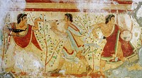 Dancers and musicians, tomb of the leopards, Monterozzi necropolis, Tarquinia, Italy. UNESCO World Heritage Site. Fresco a secco. Height (of the wall): 1.70 m.