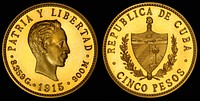 Cuba 1915 5 PesosCuban gold pesos were engraved by Charles Edward Barber, Chief Engraver of the United States Mint and struck at the Philadelphia Mint between 1915 and 1916.