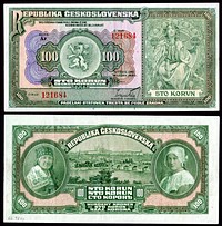 CZE-17-Republika Ceskoslovenska-100 korun (1920). Artwork on the front right was originally designed by Alphonse Mucha for Slavia Insurance Company based on a portrait of Josephine Crane Bradley.