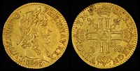 Half Louis d'Or (1643), depicting Louis XIII of France. This coin has a size of 20 mm and a weight of 3.34 g.