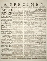 A specimen sheet of typefaces and languages, by William Caslon I, letter founder; dated 1734.