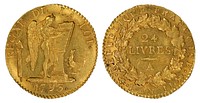 French First Republic (Lille Mint), 24 livres, gold (1793). "Winged genius" designed by Augustin Dupré is on the obverse.