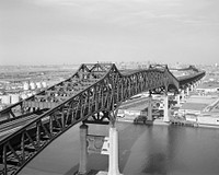 Pulaski Skyway — spanning the Passaic & Hackensack Rivers, Jersey City, Hudson County, New Jersey.Close up view looking obliquely upstream of the cantilever through the truss over the Passaic River.1978 image: HABS—Historic American Buildings Survey of New Jersey.