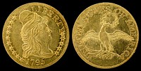 1795 G$5 Turban Head (or Capped Bust) (small eagle)Gold (fineness 0.9160), 25mm, 8.75g, designed by Robert ScotJN2015-6732-33