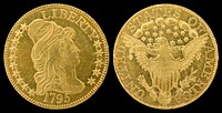 1795 G$5 Turban Head (or Capped Bust) (heraldic eagle)Gold (fineness 0.9160), 25mm, 8.75g, designed by Robert ScotJN2015-6734-35