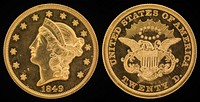 The 1849 G$20 Liberty Head (Twenty D.)Gold (fineness 0.9000), 34mm, 33.436g, designed by James B. LongacreJN2015-5732-33