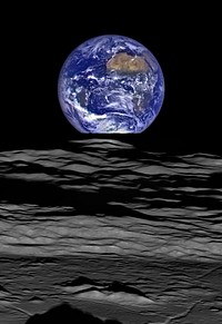 The Earth straddling the limb of the Moon, as seen from Lunar Reconnaissance Orbiter above Compton crater. The shadow in the foreground is from the crater's central peaks, while the mountains just above it can be seen in the 10 o'clock position within the crater in this image or the 12 o'clock position in this image. The center of the Earth in this view is 4.04°N, 12.44°W, just off the coast of Liberia. The large tan area in the upper right is the Sahara desert, and just beyond is Saudia Arabia. The Atlantic and Pacific coasts of South America are visible to the left.From the Earth, the daily Moonrise and Moonset are always inspiring moments. However, lunar astronauts will see something very different: viewed from the lunar surface, the Earth never rises or sets. Since the Moon is tidally locked, the Earth is always in the same spot above the horizon, varying only a small amount with the slight wobble of the Moon. The Earth may not move across the "sky", but the view is not static. Future astronauts will see the continents rotate in and out of view and the ever changing pattern of clouds will always catch one's eye. Well at least on the nearside, but what about the farside? The Earth is never visible from the farside, imagine a sky with no Earth or Moon - what will farside explorers think with no Earth overhead?This image was taken when LRO was 134 km above the farside crater Compton (51.8°N, 124.1°E). Capturing an image of the Earth and Moon with LROC is a complicated task. First the spacecraft must be rolled to the side (in this case 67°), then the spacecraft slews with the direction of travel to maximize the width of the lunar horizon in the NAC image. All this takes place while LRO is traveling over 1600 meters per second (faster than 3580 mph) relative to the lunar surface below the spacecraft! As a result of these three motions and the fact that the Narrow Angle Camera is a line scanner the raw image geometry is distorted. Also, because the Moon and Earth are so far apart, the geometric correction is different for each body. Reconstruction of the Earth-Moon image is not a simple matter – and that is just to get the black and white image!What about color? The WAC images the same scene repeatedly while the NAC scans across the scene just once. Since the NAC pixel scale is 75 times smaller than the WAC pixel scale, a straight Earth and Moon composite would show a very fuzzy Earth and a sharp Moon. The LROC team took advantage of the multiple WAC images of the Earth to create a sharpened WAC Earth. For each WAC pixel the Earth was imaged between 20 and 50 times (the WAC FOV moved only a small fraction of a pixel between each image), and these multiple looks were combined (for the Earth only, the Moon as shown is NAC). The colors are only approximately what an intrepid explorer would see from the Moon because the human eye is fully sensitive to all colors across the visible wavelength range, whereas the WAC sees through a set of narrow band filters (the view here combines the 604 nm (orange), 556 nm (yellow-green), and 415 nm (violet) bands displayed in red, green, and blue, respectively).The Earth is much brighter (higher reflectance) than the Moon, especially from this angle; the Earth was captured near noon while the limb of the Moon was just appearing from the shadows of night, so the Moon was relatively dim. In the opening image the Moon and Earth were contrast-stretched separately to bring out details on the lunar surface. The two contrast stretch makes for a spectacular image, but it may be misleading in a purely scientific sense.The sharp black outline across the bottom of the Earth is from mountains still on the night side of the lunar terminator.A blog post by Emily Lakdawalla discusses the creation of this image.The original NASA image was converted from TIFF to JPEG format by the uploader.