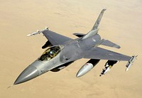 A U.S. Air Force F-16 Fighting Falcon Block 40 aircraft after receiving fuel from a KC-135 Stratotanker aircraft during a mission over Iraq on 10 June 2008. This F-16 is assigned to the 34th EFS Balad Air Base, Iraq and is deployed from the 388th Fighter Wing at Hill Air Force Base, Utah. (U.S. Air Force photo by Master Sgt. Andy Dunaway/Released). Note: Original image was slightly cropped to yield this image.