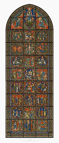 Monographia of the cathedral of Chartres, Chrome lithography of the stained glass window: The life of Jesus, Paris, Imprimerie impériale, 1867 - Complete window, Original size 12605 x 30236 px. Retouched and combinded from 5 single sheets (1:6), this window has a height of more than 10 meter