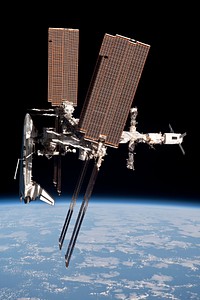 This image of the International Space Station and the docked space shuttle Endeavour, flying at an altitude of approximately 220 miles, was taken by Expedition 27 crew member Paolo Nespoli from the Soyuz TMA-20 following its undocking on May 23, 2011 (USA time). The pictures taken by Nespoli are the first taken of a shuttle docked to the International Space Station from the perspective of a Russian Soyuz spacecraft. Onboard the Soyuz were Russian cosmonaut and Expedition 27 commander Dmitry Kondratyev; Nespoli, a European Space Agency astronaut; and NASA astronaut Cady Coleman. Coleman and Nespoli were both flight engineers. The three landed in Kazakhstan later that day, completing 159 days in space. This was the final mission of Endeavour.