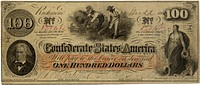 A One Hundred Dollar Confederate States of America banknote dated December 22, 1862. Issued during the American Civil War (1861–1865).Slave hoeing cotton in the center with John C. Calhoun on the left and Columbia on the right. Over 670,000 of these notes were issued from August, 1862 to January, 1863. [1]The bill is 7.375 by 3.125 inches (187 mm by 79 mm) and is thinner than a modern US dollar.Annotations on the banknote.Serial number 131615Keatinge & Ball, Columbia, S.C. (lower left)Receivable in Payment of All Dues Except Export Duties. (lower right)Issued by Maj. James Glover, q.m. 26th January 1863 (hand written on back)Interest Paid to 1st January 1864 at Richmond. (stamped on back) The ink from this stamp can be seen on the front right side.