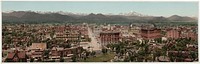 Denver, Colorado, circa 1898. View from the top of the Colorado State Capitol, facing northwest looking down 16th St. The intersection of 16th and Broadway is in the foreground. The domed building on the left side is the Arapahoe County Courthouse, demolished in 1933. The Brown Palace Hotel is visible on the right side. (description from File:Denver Colorado 1898 LOC 09570u.jpg by User:Balcer~commonswiki)