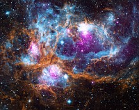 Although there are no seasons in space, this cosmic vista invokes thoughts of a frosty winter landscape. It is, in fact, a region called NGC 6357 where radiation from hot, young stars is energizing the cooler gas in the cloud that surrounds them.This composite image contains X-ray data from NASA’s Chandra X-ray Observatory and the ROSAT telescope (purple), infrared data from NASA’s Spitzer Space Telescope (orange), and optical data from the SuperCosmos Sky Survey (blue) made by the United Kingdom Infrared Telescope.Located in our galaxy about 5,500 light years from Earth, NGC 6357 is actually a “cluster of clusters,” containing at least three clusters of young stars, including many hot, massive, luminous stars. The X-rays from Chandra and ROSAT reveal hundreds of point sources, which are the young stars in NGC 6357, as well as diffuse X-ray emission from hot gas. There are bubbles, or cavities, that have been created by radiation and material blowing away from the surfaces of massive stars, plus supernova explosions.Astronomers call NGC 6357 and other objects like it “HII” (pronounced “H-two”) regions. An HII region is created when the radiation from hot, young stars strips away the electrons from neutral hydrogen atoms in the surrounding gas to form clouds of ionized hydrogen, which is denoted scientifically as “HII”.Researchers use Chandra to study NGC 6357 and similar objects because young stars are bright in X-rays. Also, X-rays can penetrate the shrouds of gas and dust surrounding these infant stars, allowing astronomers to see details of star birth that would be otherwise missed.