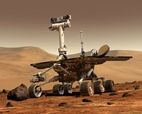 An artist's concept portrays a NASA Mars Exploration Rover on the surface of Mars. Rovers Opportunity and Spirit were launched a few weeks apart in 2003 and landed in January 2004 at two sites on Mars. Each rover was built with the mobility and toolkit to function as a robotic geologist.