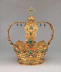 The Crown of the Andes, a votive crown originally made for a larger than life-size statue of the Virgin Mary in the Cathedral of Popayán, Colombia. It contains 450 emeralds, including some that were purportedly taken from the captured Inca Emperor Atahualpa (1497–1533). This photograph is one of the many released by the Metropolitan Museum of Art under a CC-0 license, which has been a boon to free images of 3D works of art.