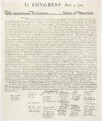 This is a high-resolution image of the United States Declaration of Independence (article - text). This image is a version of the 1823 William Stone facsimile — Stone may well have used a wet pressing process (that removed ink from the original document onto a contact sheet for the purpose of making the engraving).