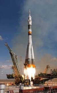 The Soyuz TMA-13 spacecraft, carrying Expedition 18 Commander Michael Fincke, Flight Engineer Yury V. Lonchakov and American spaceflight participant Richard Garriott, launched Sunday, October 12, 2008, from the Baikonur Cosmodrome in Kazakhstan. The three crew members are scheduled to dock with the International Space Station on Oct. 14. Fincke and Lonchakov will spend six months on the station, while Garriott will return to Earth October 24, 2008, with two of the Expedition 17 crew currently aboard the International Space Station.